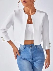 SHEIN Essnce 1 pieza Chaqueta corta abierta de frente sólida para otoño/invierno - Blanco - Ver 1