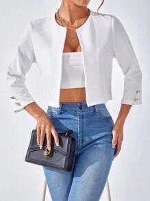 SHEIN Essnce 1 pieza Chaqueta corta abierta de frente sólida para otoño/invierno - Blanco - Ver 4