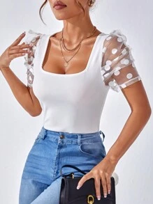 SHEIN Privé Camiseta con malla jacquard en contraste de manga farol de cuello cuadrado - Blanco - Ver 1