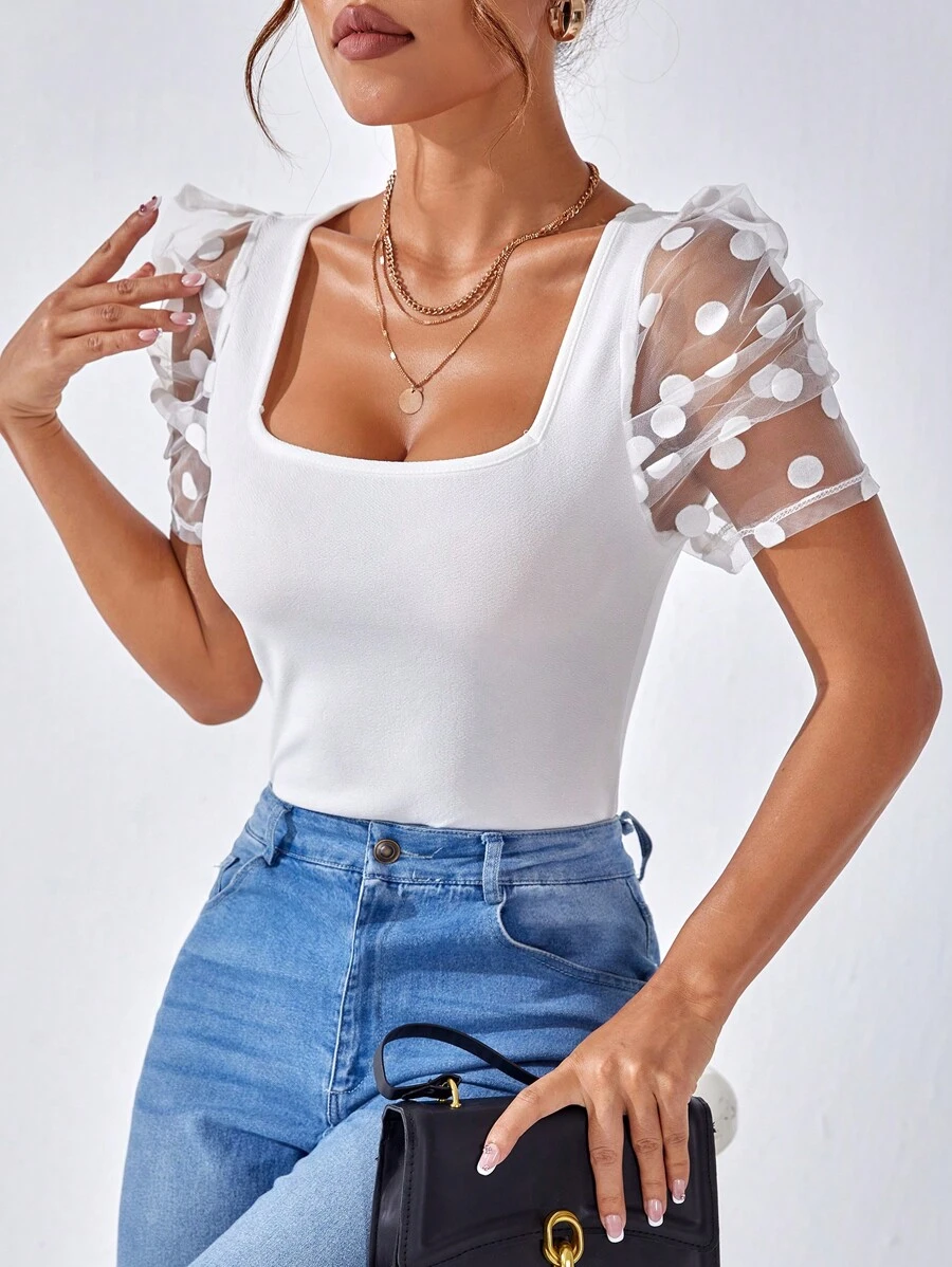 SHEIN Privé Camiseta con malla jacquard en contraste de manga farol de cuello cuadrado - Blanco - Ver 1
