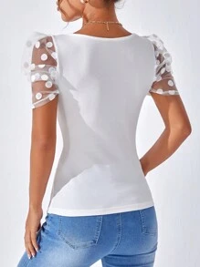 SHEIN Privé Camiseta con malla jacquard en contraste de manga farol de cuello cuadrado - Blanco - Ver 2