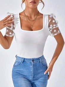 SHEIN Privé Camiseta con malla jacquard en contraste de manga farol de cuello cuadrado - Blanco - Ver 3