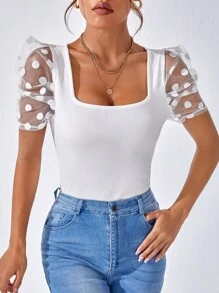 SHEIN Privé Camiseta con malla jacquard en contraste de manga farol de cuello cuadrado - Blanco - Ver 4