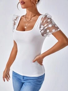 SHEIN Privé Camiseta con malla jacquard en contraste de manga farol de cuello cuadrado - Blanco - Ver 5