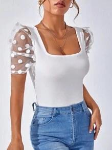 SHEIN Privé Camiseta con malla jacquard en contraste de manga farol de cuello cuadrado - Blanco - Ver 6