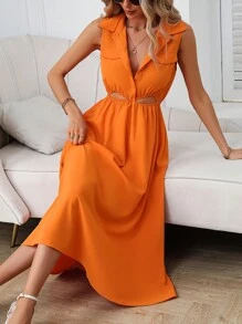 SHEIN Privé Cut Out Waist Flap Detail Dress - Orange - View 1