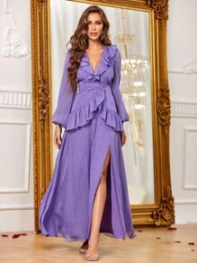 Long Sleeves Ruffle Trim Split Thight Party Dress - Purple - View 1