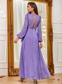 Long Sleeves Ruffle Trim Split Thight Party Dress - Purple - View 2
