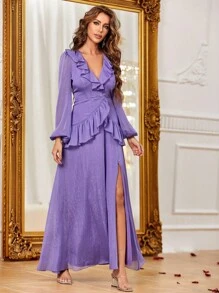 Long Sleeves Ruffle Trim Split Thight Party Dress - Purple - View 3