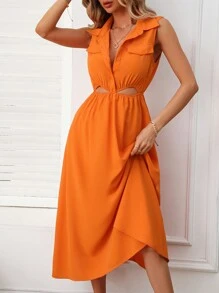 SHEIN Privé Cut Out Waist Flap Detail Dress - Orange - View 3