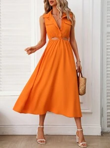SHEIN Privé Cut Out Waist Flap Detail Dress - Orange - View 4