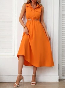 SHEIN Privé Cut Out Waist Flap Detail Dress - Orange - View 5
