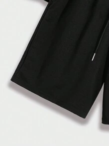 ROMWE MEN Street Life 男士外星人与字母图案 T 恤和抽绳腰短裤，学校 - 黑色 - 查看 3