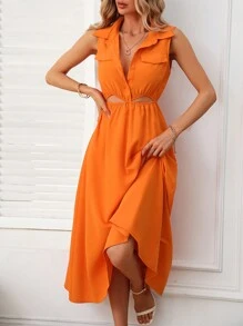 SHEIN Privé Cut Out Waist Flap Detail Dress - Orange - View 6