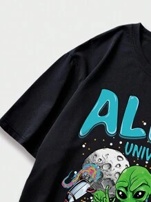 ROMWE MEN Street Life 男士外星人与字母图案 T 恤和抽绳腰短裤，学校 - 黑色 - 查看 4