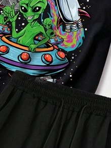 ROMWE MEN Street Life 男士外星人与字母图案 T 恤和抽绳腰短裤，学校 - 黑色 - 查看 7