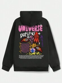 ROMWE MEN Street Life 男士標語和卡通圖形拉繩連帽衛衣 - 黑色 - 查看 1