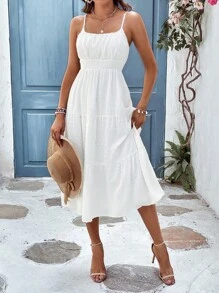 SHEIN VCAY Vestido de tirantes pecho con fruncido bajo con fruncido - Blanco - Ver 4
