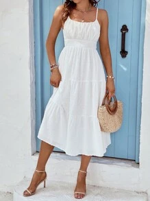 SHEIN VCAY Vestido de tirantes pecho con fruncido bajo con fruncido - Blanco - Ver 3