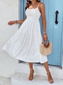 SHEIN VCAY Vestido de tirantes pecho con fruncido bajo con fruncido - Blanco - Ver 6