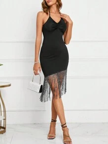 Allurite Đầm Lộ Lưng mép Buộc lại màu trơn Buổi tiệc - màu đen - Xem 1