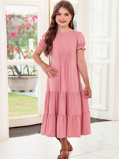 Toddler Girls Puff Sleeve Ruffle Hem Dress