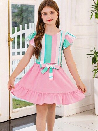 Tween Girl Striped Print Butterfly Sleeve Blouse & Ruffle Hem Skirt