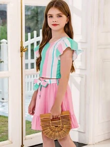 Tween Girl Striped Print Butterfly Sleeve Blouse & Ruffle Hem Skirt - Multicolor - View 4