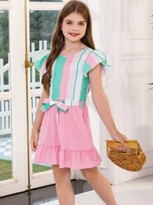 Tween Girl Striped Print Butterfly Sleeve Blouse & Ruffle Hem Skirt - Multicolor - View 5