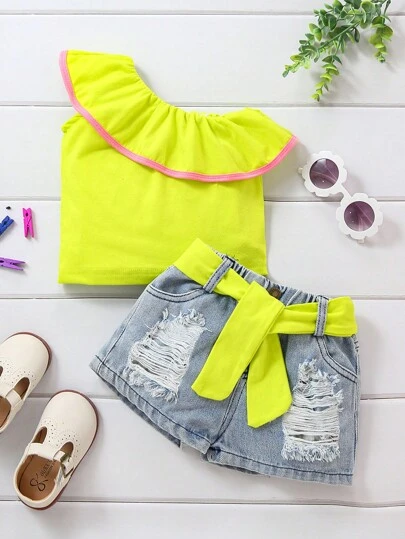 女小童荷葉邊上衣&破洞腰帶牛仔短褲