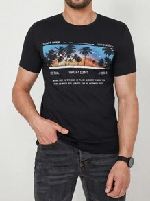RueChic Men Slogan & Palm Tree Print Tee - màu đen - Xem 1