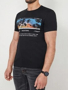 RueChic Men Slogan & Palm Tree Print Tee - màu đen - Xem 3