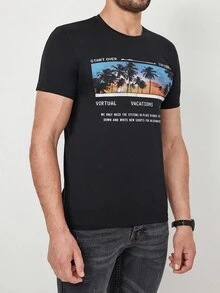 RueChic Men Slogan & Palm Tree Print Tee - màu đen - Xem 4