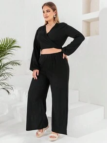 RueChic Plus Lantern Sleeve Crop Top & Split Thigh Trousers - Black - View 5
