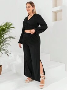 RueChic Plus Lantern Sleeve Crop Top & Split Thigh Trousers - Black - View 6