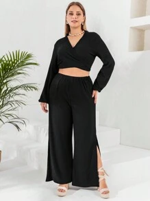 RueChic Plus Lantern Sleeve Crop Top & Split Thigh Trousers - Black - View 1