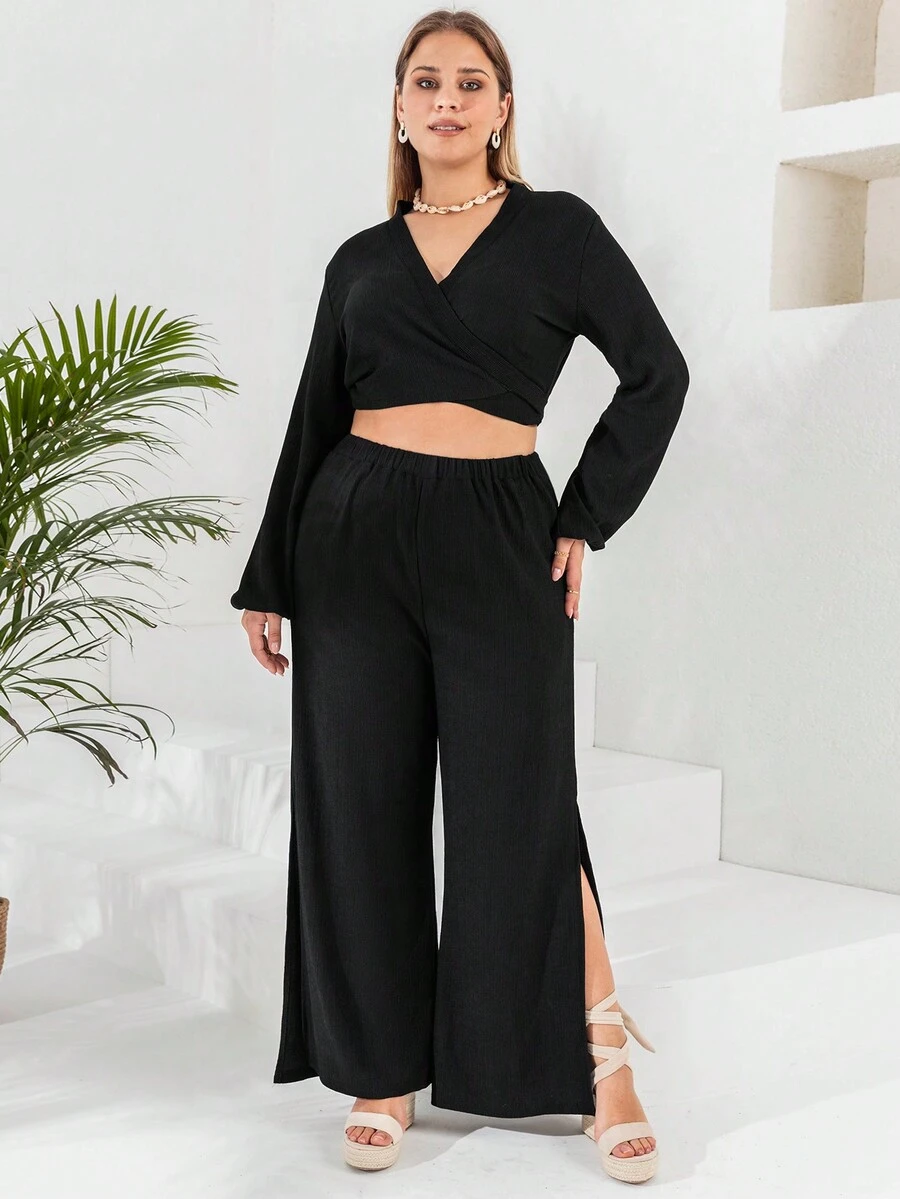 RueChic Plus Lantern Sleeve Crop Top & Split Thigh Trousers - Black - View 1
