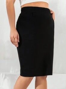 RueChic Plus High Waist Slant Pocket Split Back Skirt - Black - View 1