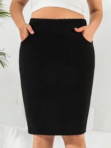 RueChic Plus High Waist Slant Pocket Split Back Skirt - Black - View 3