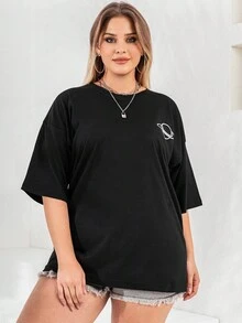 RueChic Hơn In hành tinh Áo thun Thả vai - màu đen - Xem 4