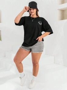 RueChic Hơn In hành tinh Áo thun Thả vai - màu đen - Xem 6