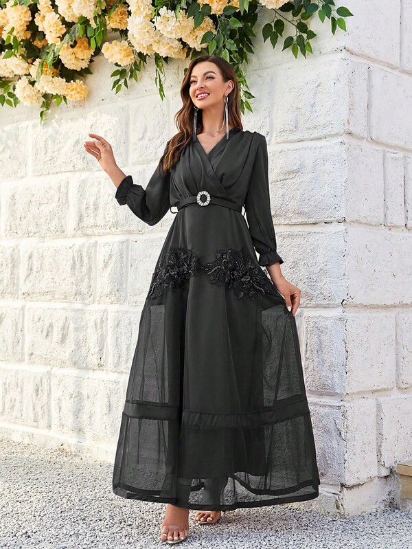 Mesh Overlay Party Dress With Belt SHEIN USA