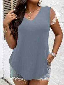 Áo thun Plus size Bất đối xứng Tương phản Mesh Thêu Khối Màu Giải trí - Màu xanh bụi bặm - Xem 1
