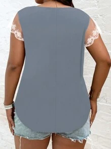 Áo thun Plus size Bất đối xứng Tương phản Mesh Thêu Khối Màu Giải trí - Màu xanh bụi bặm - Xem 2