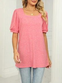 Puff Sleeve Square Neck Tee - Pink - View 1