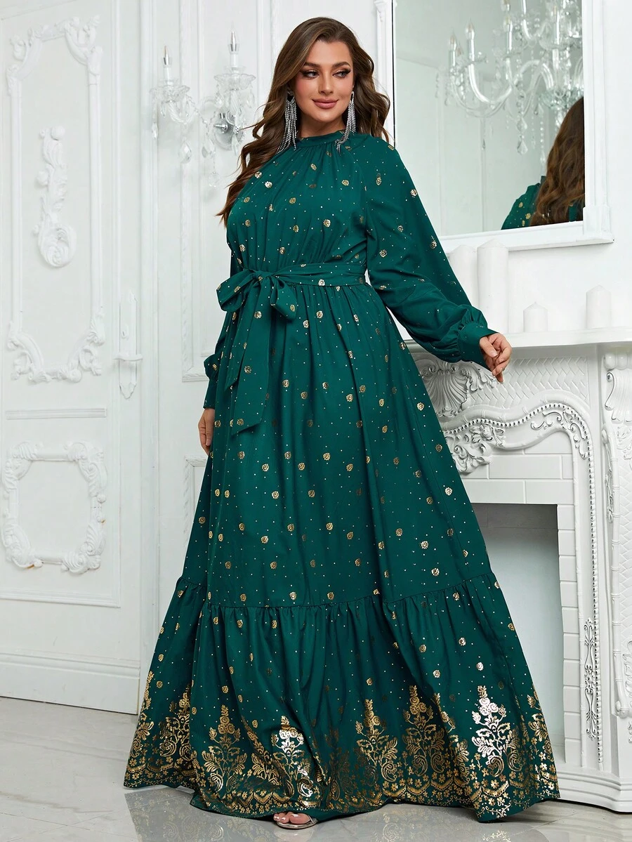 YISIKADO Plus Gold Floral Print Lantern Sleeve Ruffle Hem Belted Dress