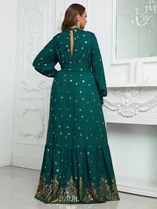 YISIKADO Plus Gold Floral Print Lantern Sleeve Ruffle Hem Belted Dress - Dark Green - View 3