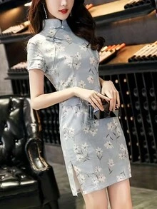 Floral Print Mandarin Collar Dress - Blue - View 3