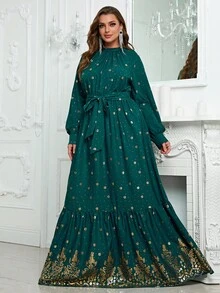 YISIKADO Plus Gold Floral Print Lantern Sleeve Ruffle Hem Belted Dress - Dark Green - View 8