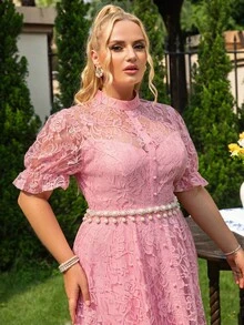 Simplee 大碼優雅揉皺 拉鍊 前紐扣純色連衣裙 - 粉色 - 查看 5